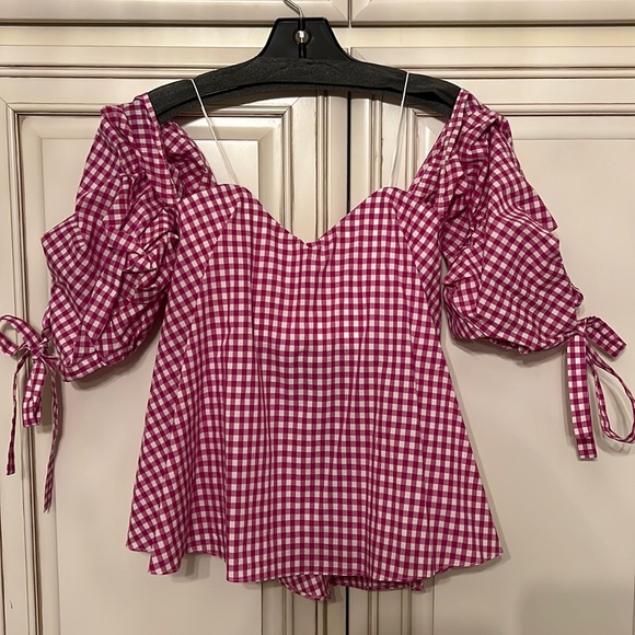 Caroline Constas Corset Bustier in Pink Check Off shoulder Top with bow sleeves - Picture 1 of 4